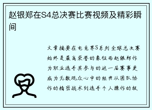 赵银郑在S4总决赛比赛视频及精彩瞬间