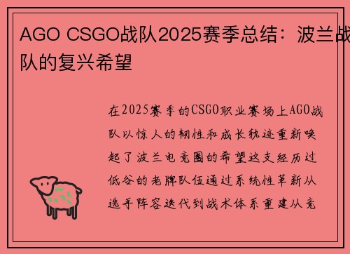 AGO CSGO战队2025赛季总结：波兰战队的复兴希望